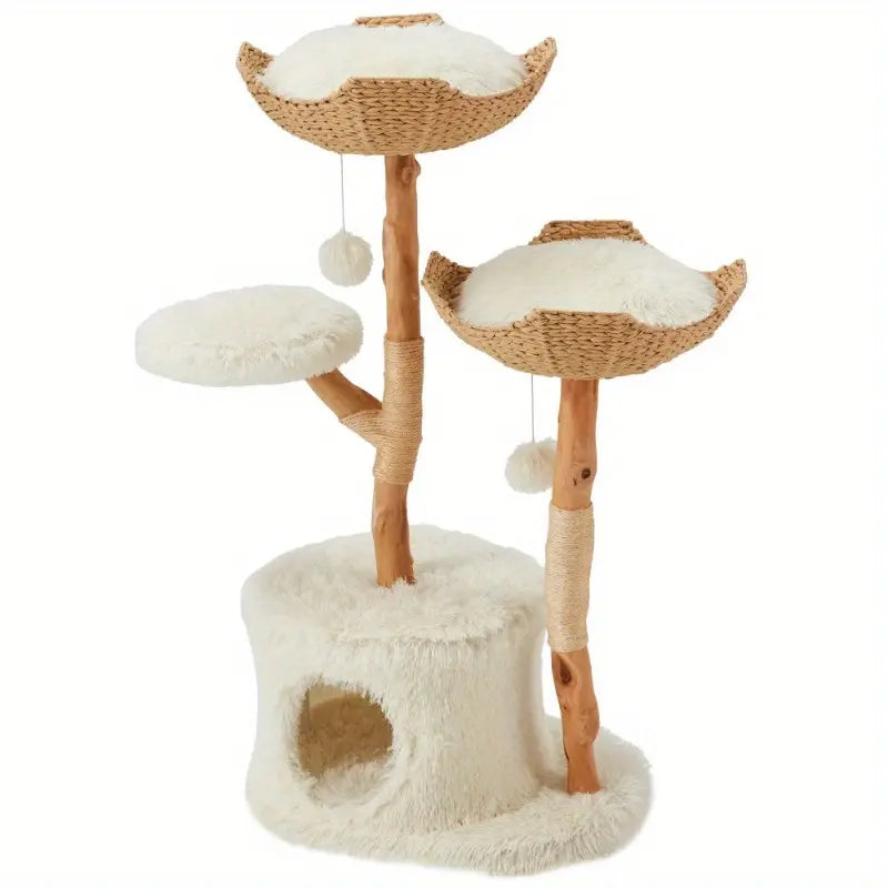 Natural Wood Cat Tower - Elegant Multi-Level Design with Hand-Woven Baskets and Cat Condo for Indoor Use
