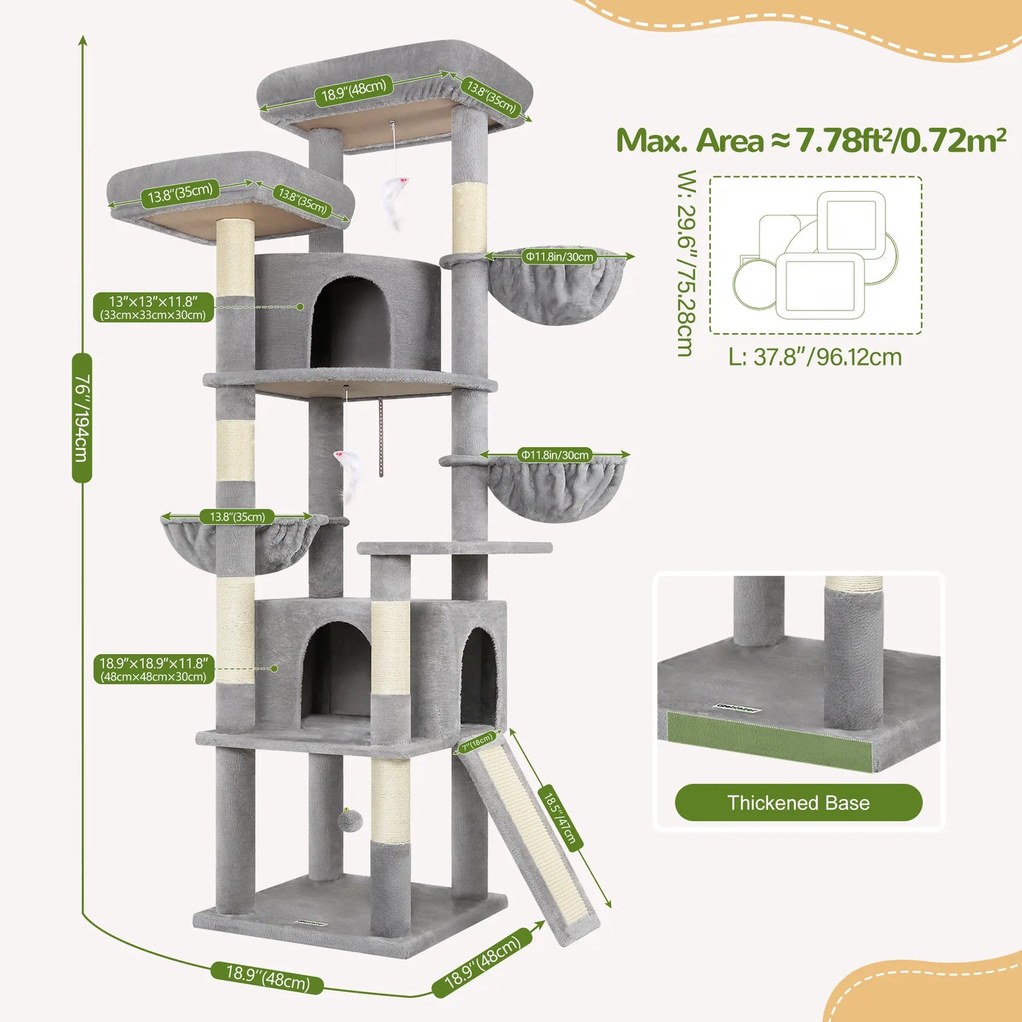 DESKAT 76-Inch Cat Tree for Large Cats with Two Condos, Three Hammocks, and Sisal Scratching Posts, Model F76