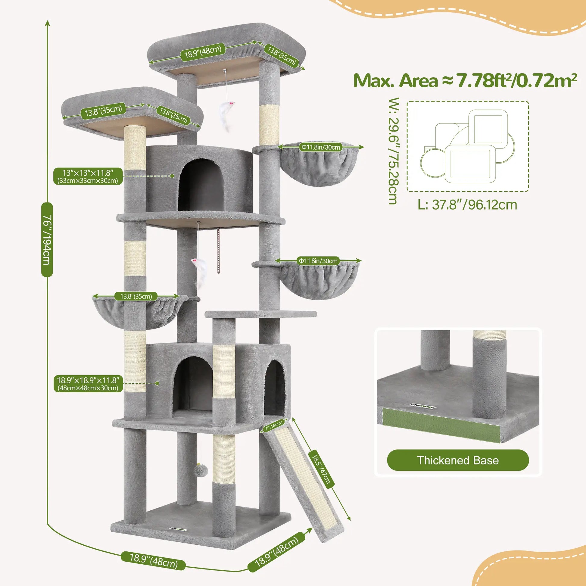 DESKAT 76-Inch Cat Tree for Large Cats with Two Condos, Three Hammocks, and Sisal Scratching Posts, Model F76