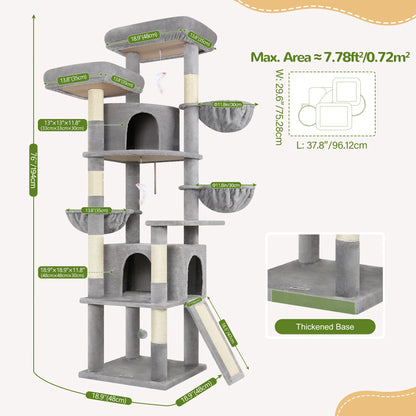 DESKAT 76-Inch Cat Tree for Large Cats with Two Condos, Three Hammocks, and Sisal Scratching Posts, Model F76