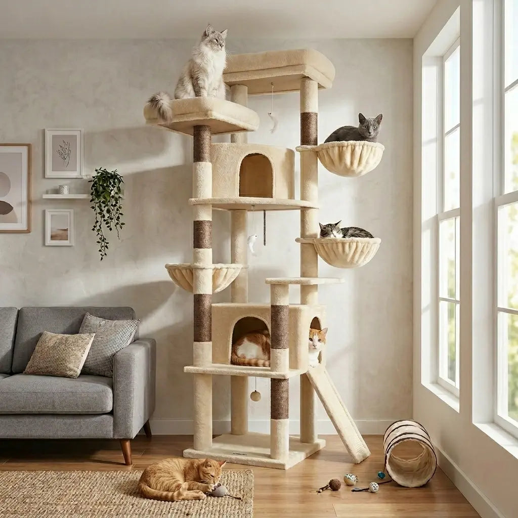 DESKAT 76-Inch Cat Tree for Large Cats with Two Condos, Three Hammocks, and Sisal Scratching Posts, Model F76