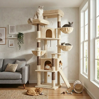 DESKAT 76-Inch Cat Tree for Large Cats with Two Condos, Three Hammocks, and Sisal Scratching Posts, Model F76
