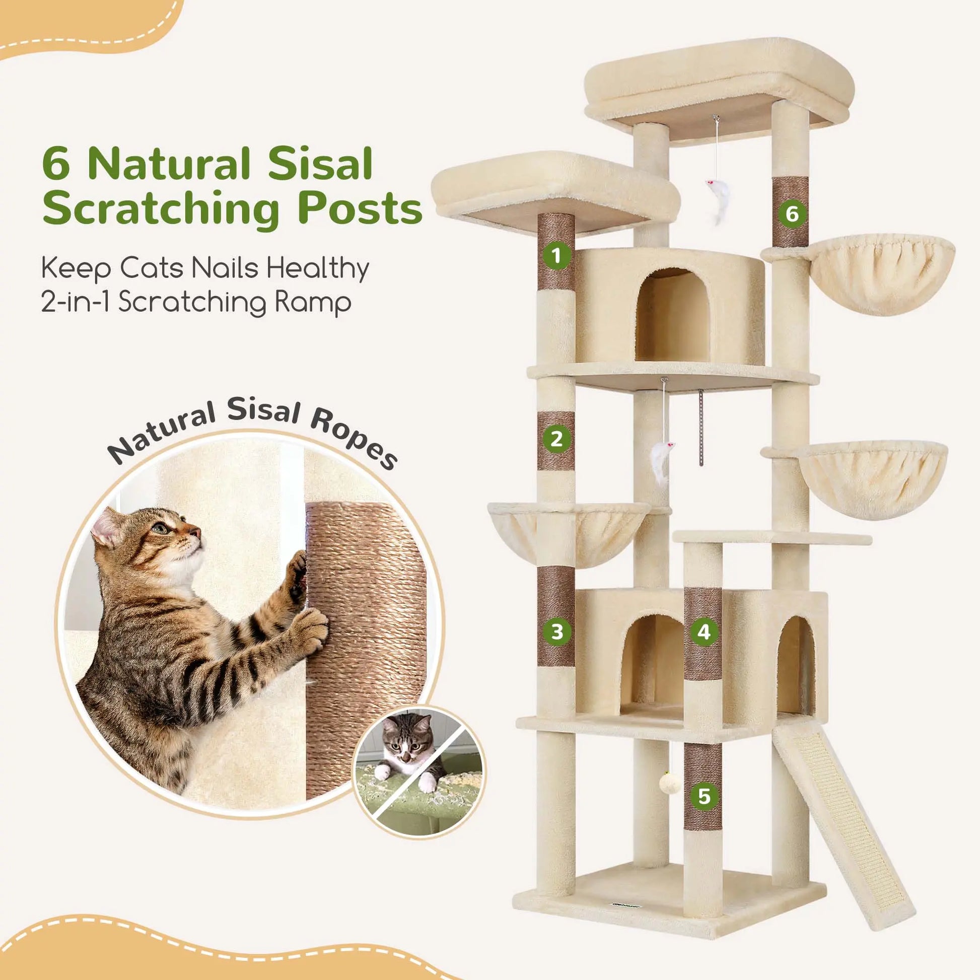 DESKAT 76-Inch Cat Tree for Large Cats with Two Condos, Three Hammocks, and Sisal Scratching Posts, Model F76