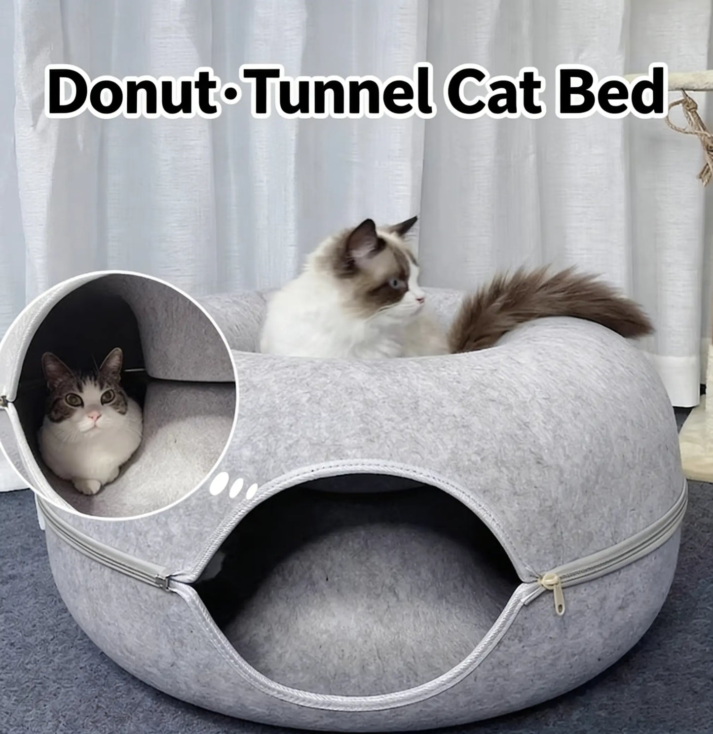 Cat-Shaped Donut-Tire-Tunnel Beds - Cozy and Soft Year-Round Pet Sleeping and Play Area