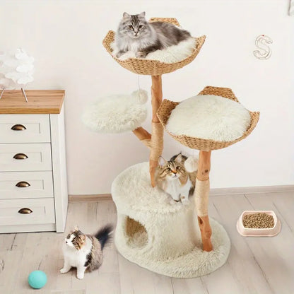 Natural Wood Cat Tower - Elegant Multi-Level Design with Hand-Woven Baskets and Cat Condo for Indoor Use