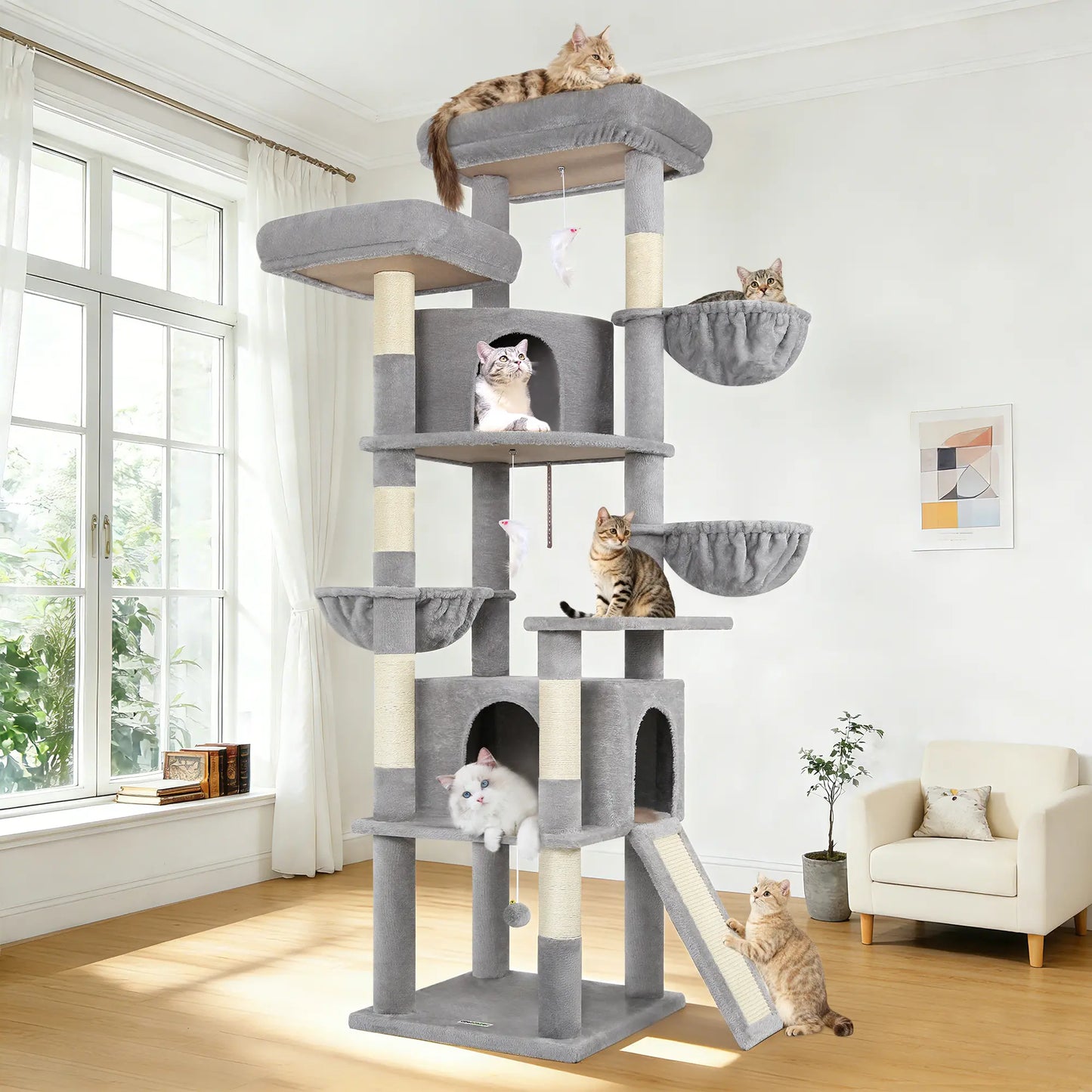 DESKAT 76-Inch Cat Tree for Large Cats with Two Condos, Three Hammocks, and Sisal Scratching Posts, Model F76