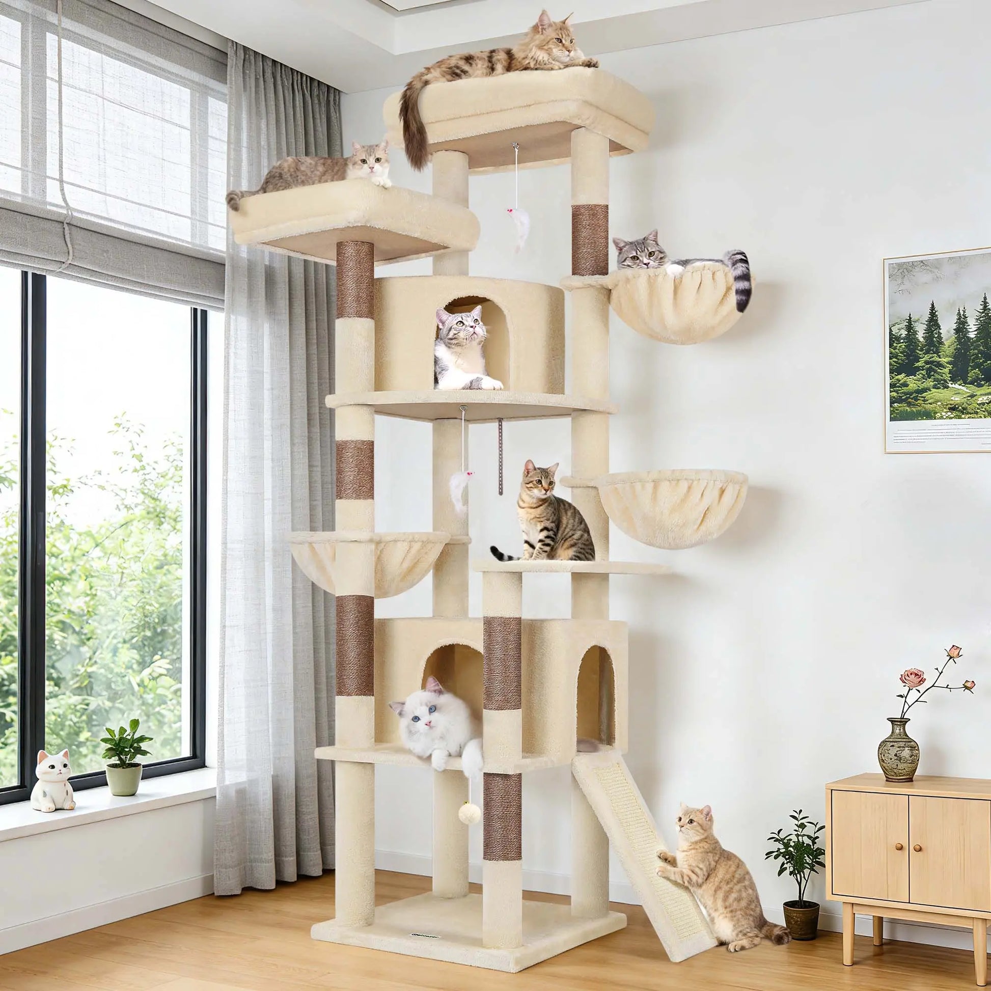 DESKAT 76-Inch Cat Tree for Large Cats with Two Condos, Three Hammocks, and Sisal Scratching Posts, Model F76