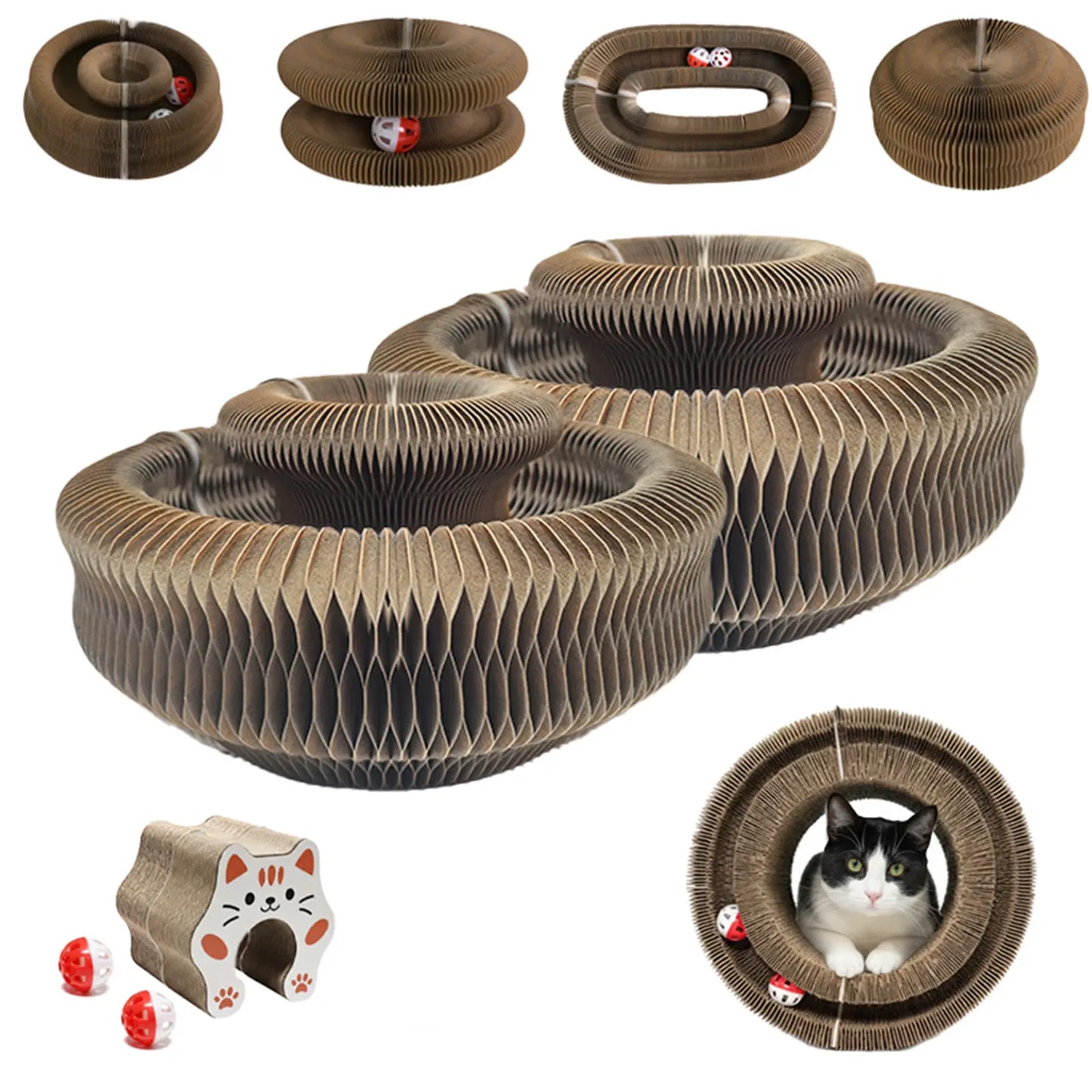 Premium Multi-Shape Cat Scratcher Toy with Interactive Play Balls - Durable Corrugated Cardboard Kitty Curls for Indoor Cats