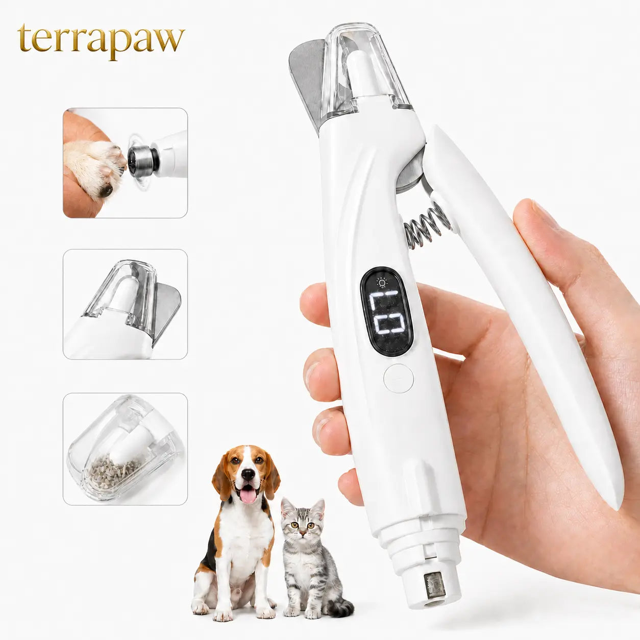 Professional Pet Nail Clipper with Catcher and Grinder, LED Rechargeable 2-In-1 Grooming Tool for Dogs and Cats of All Sizes