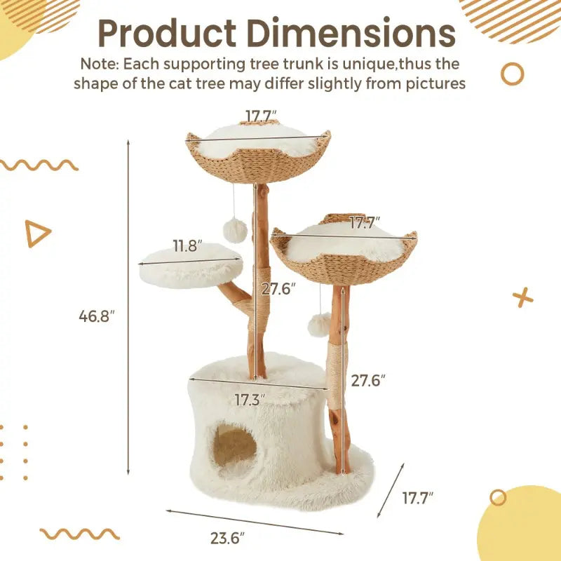 Natural Wood Cat Tower - Elegant Multi-Level Design with Hand-Woven Baskets and Cat Condo for Indoor Use