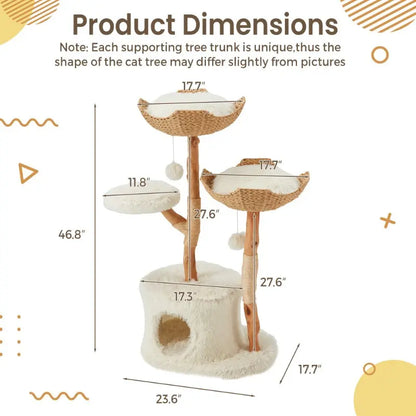 Natural Wood Cat Tower - Elegant Multi-Level Design with Hand-Woven Baskets and Cat Condo for Indoor Use