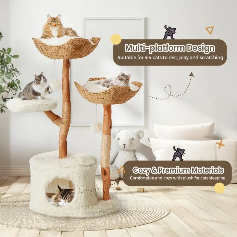 Natural Wood Cat Tower - Elegant Multi-Level Design with Hand-Woven Baskets and Cat Condo for Indoor Use