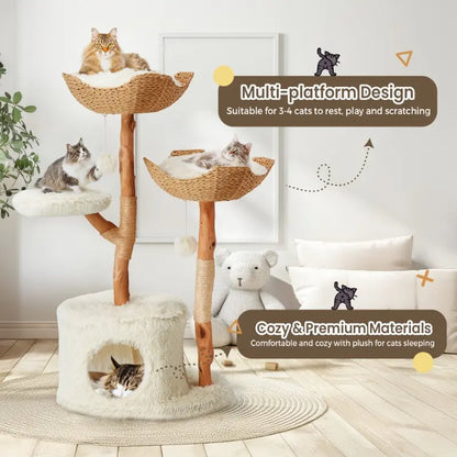 Natural Wood Cat Tower - Elegant Multi-Level Design with Hand-Woven Baskets and Cat Condo for Indoor Use