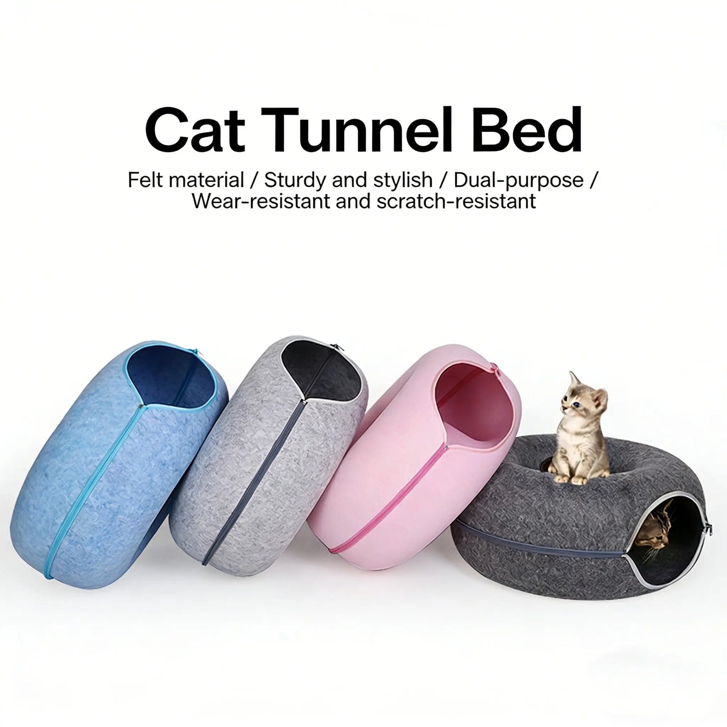 Cat-Shaped Donut-Tire-Tunnel Beds - Cozy and Soft Year-Round Pet Sleeping and Play Area