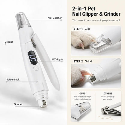 Professional Pet Nail Clipper with Catcher and Grinder, LED Rechargeable 2-In-1 Grooming Tool for Dogs and Cats of All Sizes