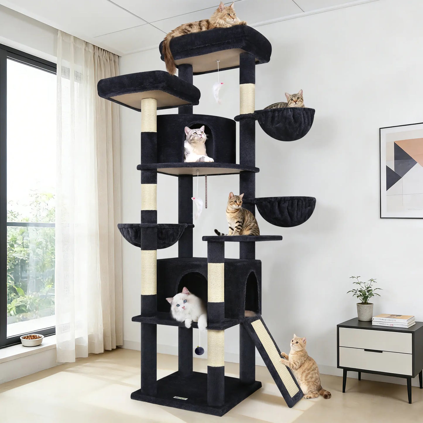 DESKAT 76-Inch Cat Tree for Large Cats with Two Condos, Three Hammocks, and Sisal Scratching Posts, Model F76