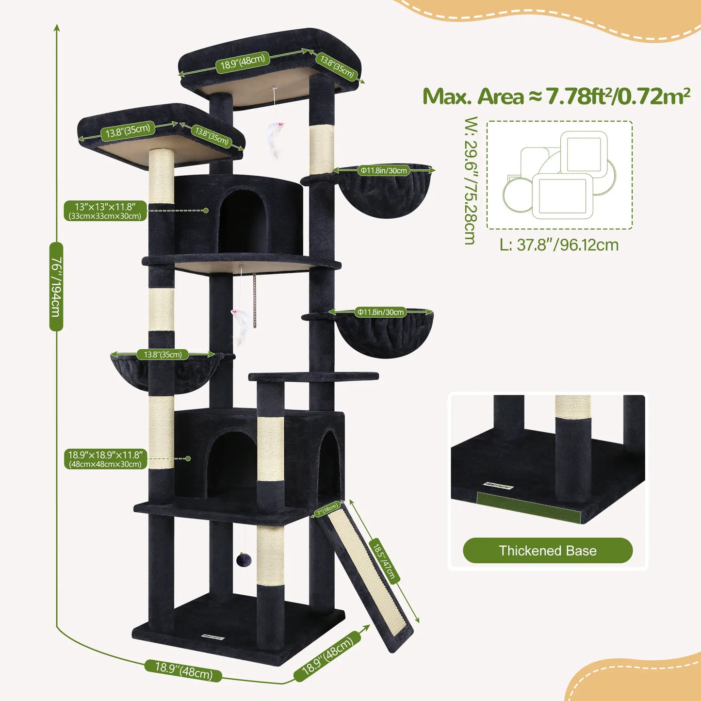 DESKAT 76-Inch Cat Tree for Large Cats with Two Condos, Three Hammocks, and Sisal Scratching Posts, Model F76