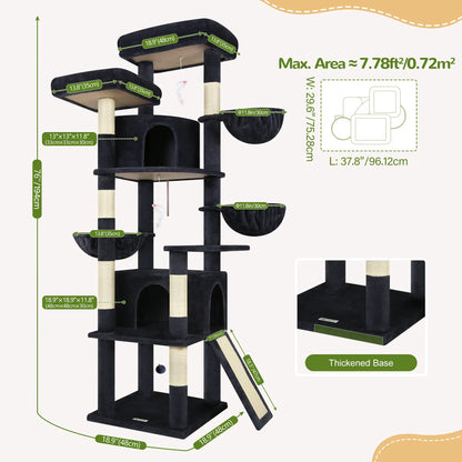 DESKAT 76-Inch Cat Tree for Large Cats with Two Condos, Three Hammocks, and Sisal Scratching Posts, Model F76