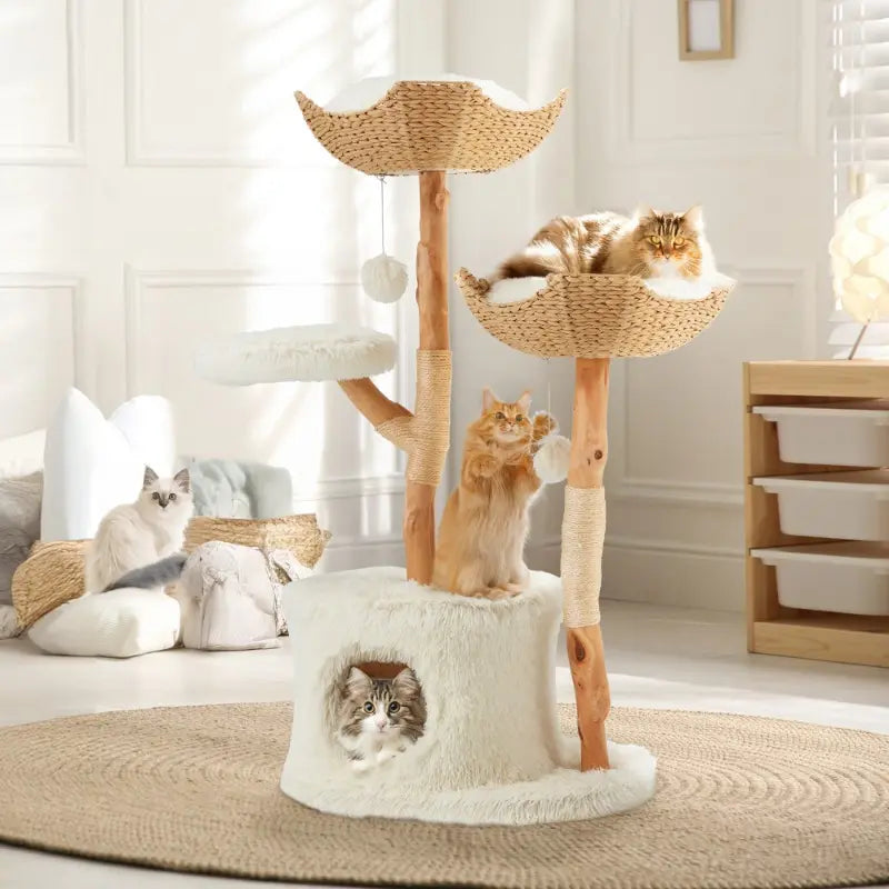 Natural Wood Cat Tower - Elegant Multi-Level Design with Hand-Woven Baskets and Cat Condo for Indoor Use