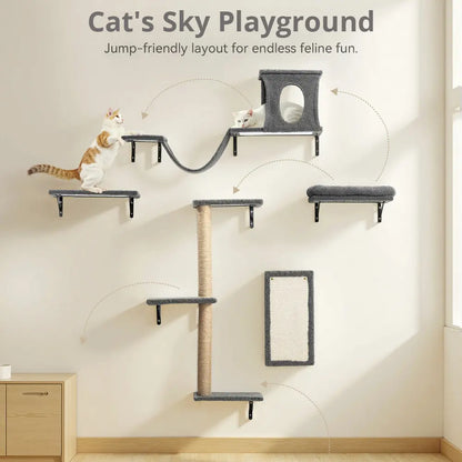 CAVEEN 5-in-1 Wall-Mounted Cat Climbing Set - Multi-Level Cat Shelves and Perches for Play, Sleep, and Climbing