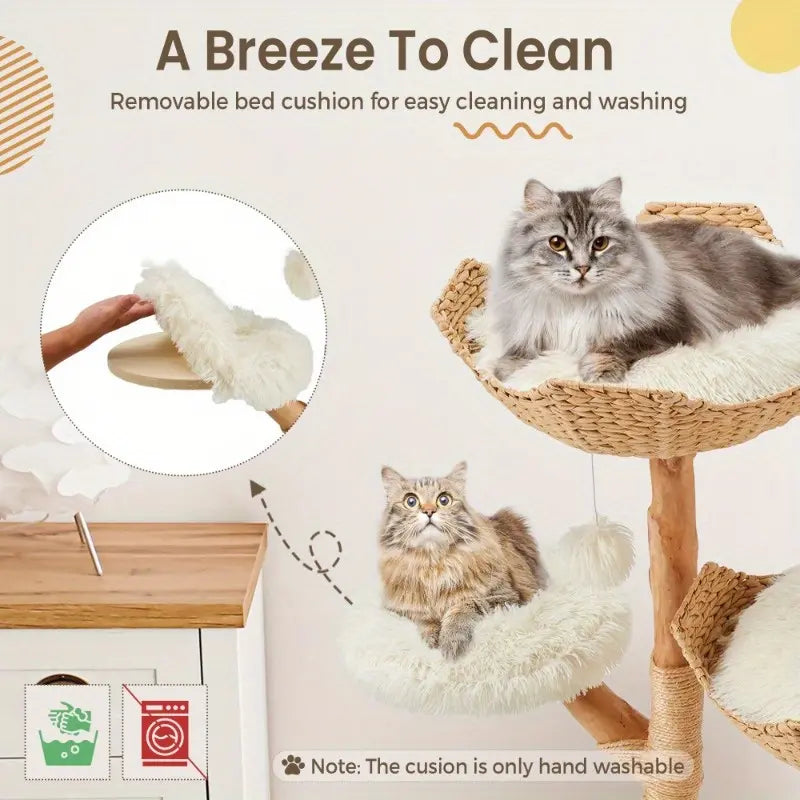 Natural Wood Cat Tower - Elegant Multi-Level Design with Hand-Woven Baskets and Cat Condo for Indoor Use