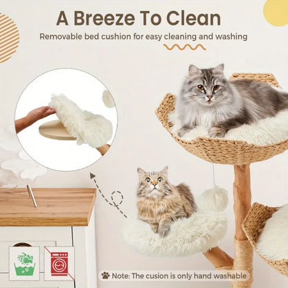 Natural Wood Cat Tower - Elegant Multi-Level Design with Hand-Woven Baskets and Cat Condo for Indoor Use