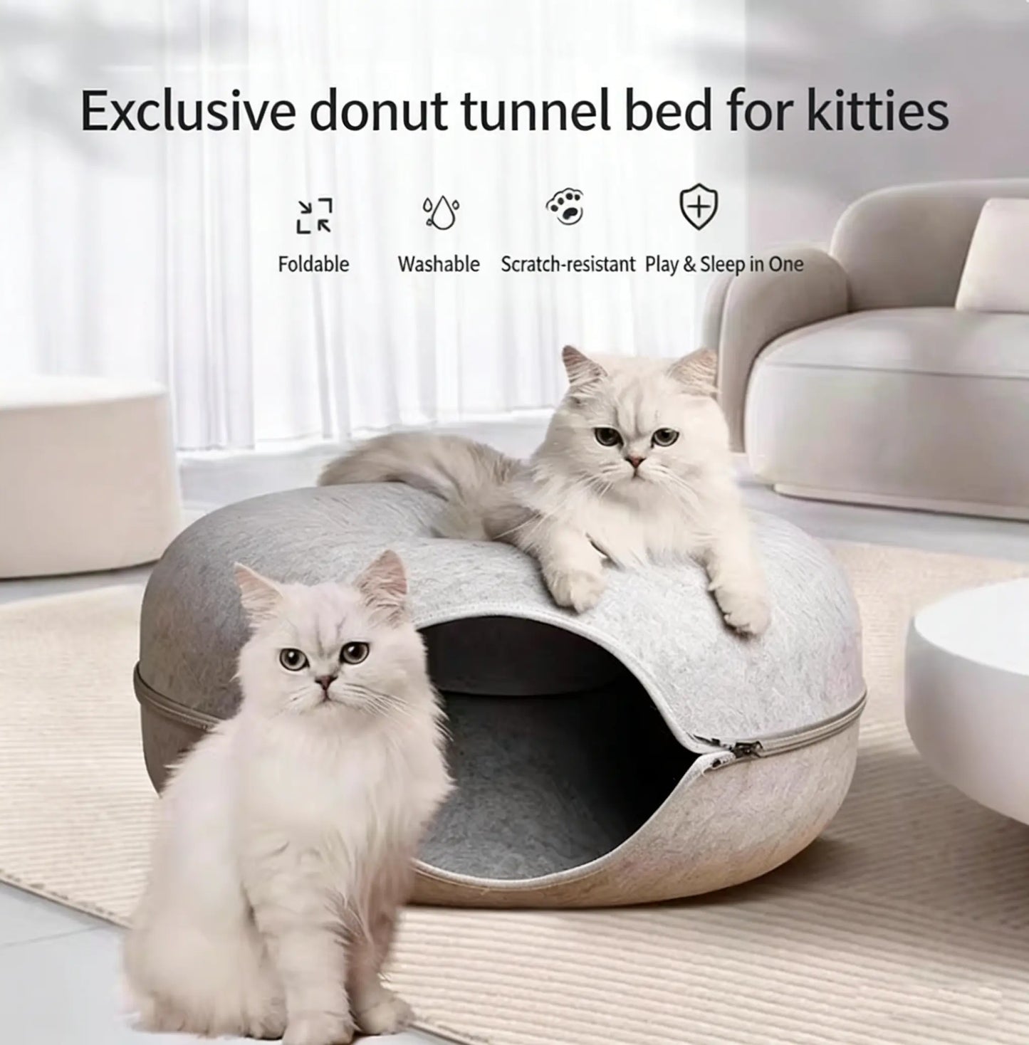 Cat-Shaped Donut-Tire-Tunnel Beds - Cozy and Soft Year-Round Pet Sleeping and Play Area