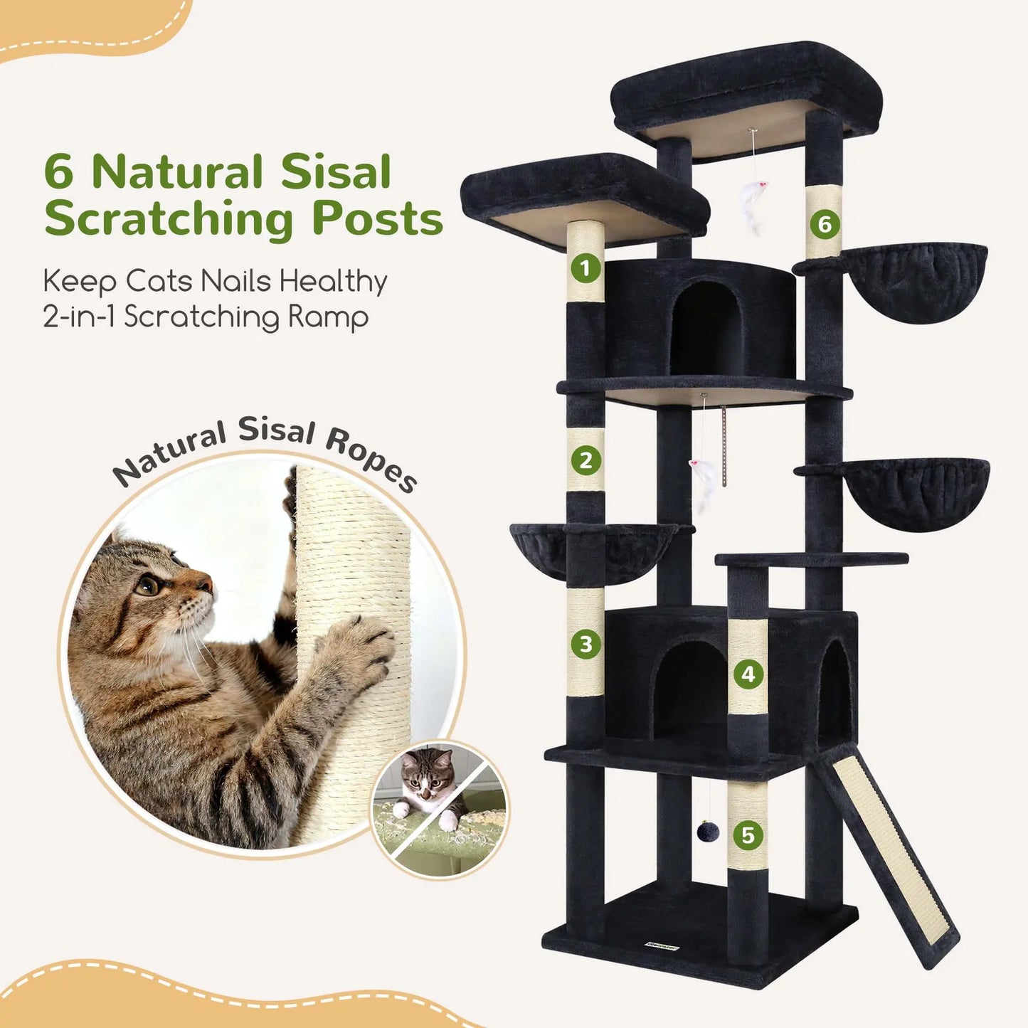 DESKAT 76-Inch Cat Tree for Large Cats with Two Condos, Three Hammocks, and Sisal Scratching Posts, Model F76