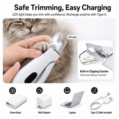 Professional Pet Nail Clipper with Catcher and Grinder, LED Rechargeable 2-In-1 Grooming Tool for Dogs and Cats of All Sizes