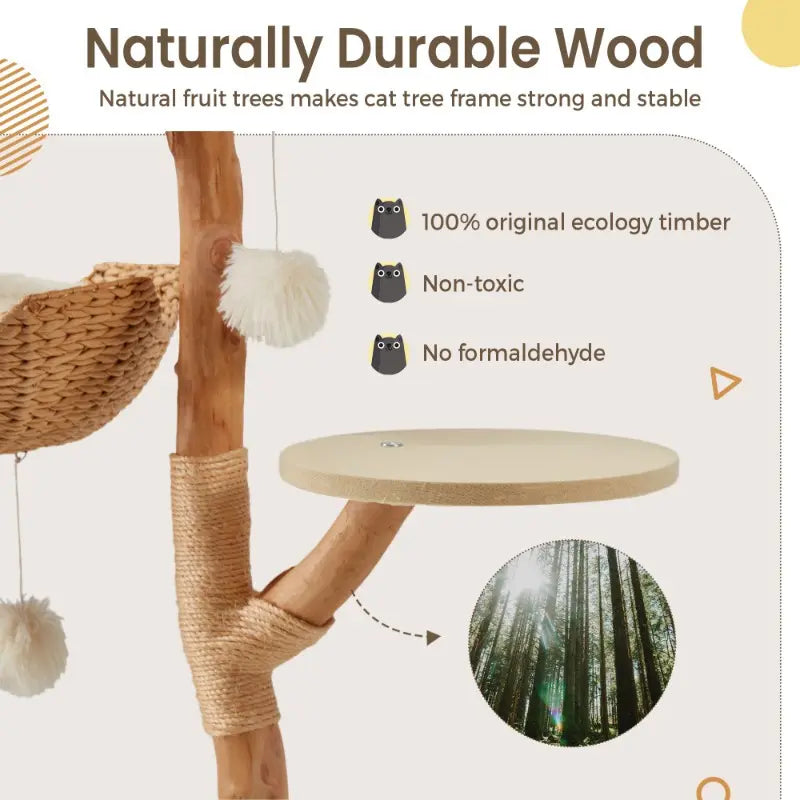 Natural Wood Cat Tower - Elegant Multi-Level Design with Hand-Woven Baskets and Cat Condo for Indoor Use