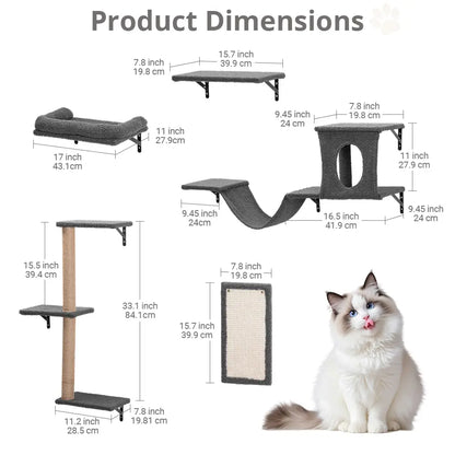 CAVEEN 5-in-1 Wall-Mounted Cat Climbing Set - Multi-Level Cat Shelves and Perches for Play, Sleep, and Climbing